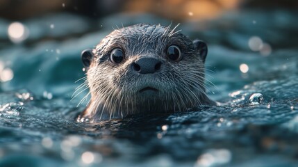The cute otter swims in the sea, its round big eyes staring straight at the audience with a very cute expression and delicate texture, showcasing the natural beauty and charm of otters