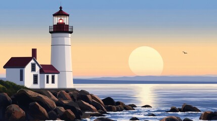 Obraz premium A serene lighthouse stands by the rocky shore as the sun sets over the calm ocean waters, creating a tranquil atmosphere.