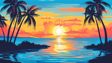 A cartoon tropical sunset scene with palm trees and a beach.