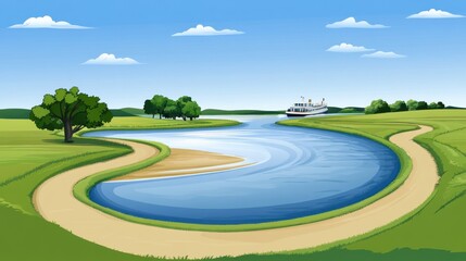 Naklejka premium A serene river scene winding through lush green fields under a bright blue sky, with a boat gliding smoothly.