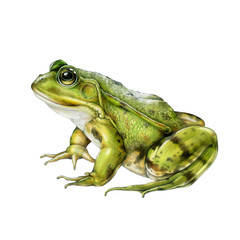 Hand-painted realistic green frog side view illustration in vintage style on a white background. Ideal for nature designs, wildlife themes, wildlife decor, kids projects and botanical art