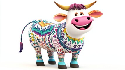 Fototapeta premium Smiling Cartoon Cow Illustration with Colorful Patterns in 3D Rendered Style