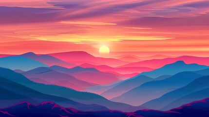 Obraz premium A colorful illustration of a sunset over a mountain range.