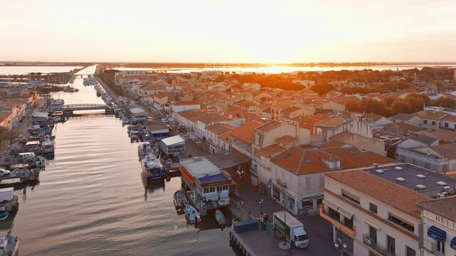 Aerial view of the Grau du Roi fishing village at sunrise in Camargue, France