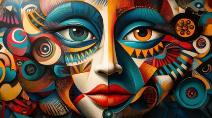 Naklejka premium Smiling Woman's Face, Cubist Abstract Art, Colorful Portrait