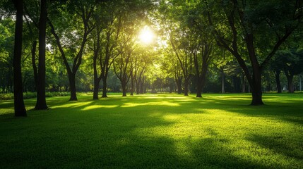 Obraz premium Sunlit Green Park Pathway, Lush Trees, Tranquil Scene