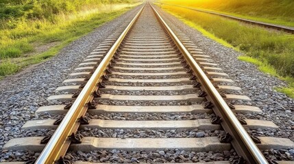 Fototapeta premium A serene view of a railway track stretching into the distance, illuminated by a warm sunset glow.