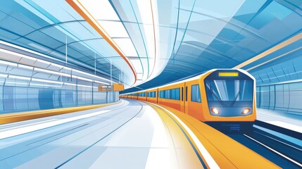 Modern train speeding through a bright, abstract urban station with dynamic lines and vibrant colors.