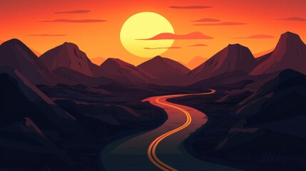 Fototapeta premium A serene sunset over a winding road in the mountains, painted in warm orange and purple hues.