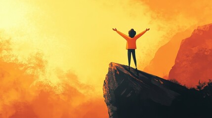 Obraz premium Woman Triumphant on Mountaintop Sunset - Joyful View