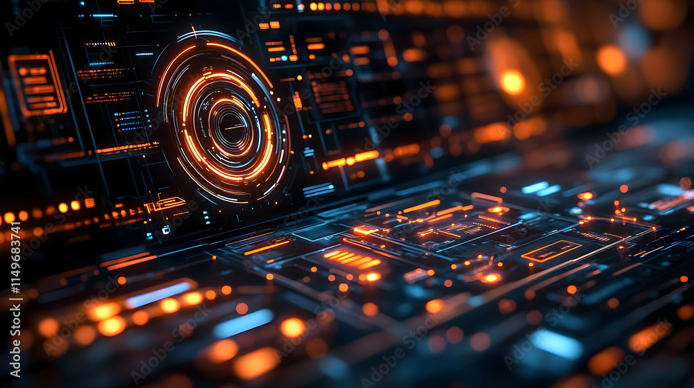 Poster a futuristic digital interface with glowing orange elements and intricate circuit patterns.
