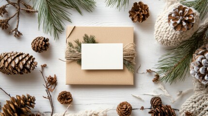 Obraz premium Rustic Christmas Gift Card Mockup with Pine Cones and Twigs