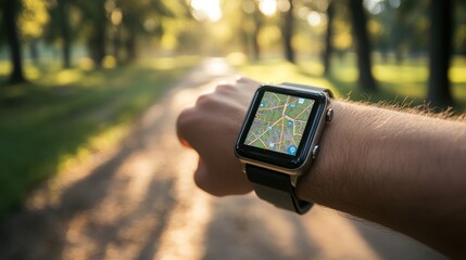 Smartwatch displaying map outdoors in sunlight.