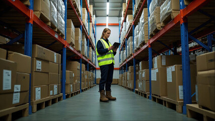 female chief manager working in a warehouse using digital tablet
