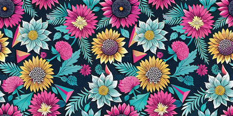 Vibrant floral pattern featuring colorful sunflowers and other blooms on a dark background.