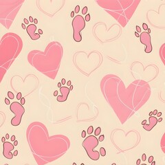 Modern and minimalist heart Vector seamless pattern with cat or dog footprints. Cute colorful background with pink heart lines. Printable vector container background for Valentine's Day Generative AI