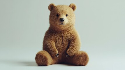 Cute Brown Bear Cub Sitting Calmly on White Background