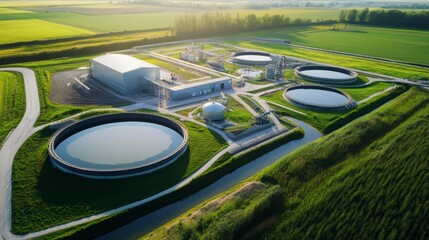 Aerial View of Modern Wastewater Treatment Plant in Rural Setting