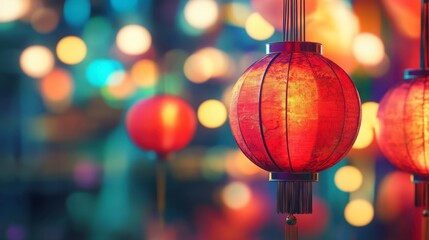 Festive Red Chinese Lanterns Hanging at Night Market
