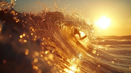 Obraz premium Surfer silhouetted in a golden sunset wave.
