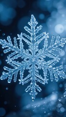 Close-up of an intricately detailed snowflake on a blue blur background.