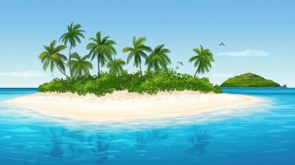 A serene tropical island with lush palm trees and crystal-clear waters under a bright blue sky.