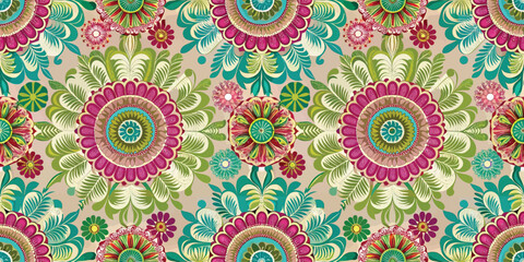 Fototapeta premium Vibrant floral pattern with intricate designs in pink and green hues.