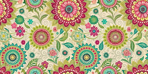 Colorful floral pattern featuring vibrant flowers and leaves in various designs.