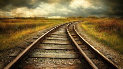 Obraz premium A winding railway track through a serene, grassy landscape under a dramatic sky.