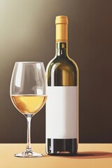 A bottle of white wine beside a filled glass, showcasing a simple elegance against a muted background.