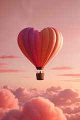 Obraz premium A whimsical hot air balloon shaped like a heart floating over a pink and orange sunset, dreamy and romantic