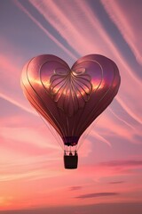 Fototapeta premium A whimsical hot air balloon shaped like a heart floating over a pink and orange sunset, dreamy and romantic