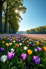A carpet of crocuses in a field with tall trees and a clear blue sky, field, bloom