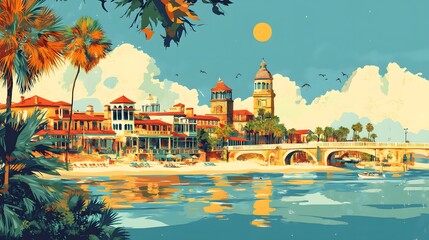 Coastal Town Buildings Palm Trees Bridge Sunny Sky