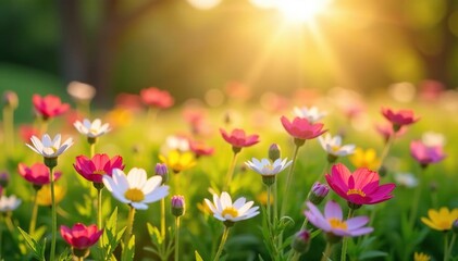 Obraz premium A carpet of fresh spring wildflowers under the warm sunlight, blooming flowers, outdoor scene, flower field