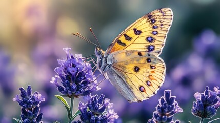 A yellow butterfly with translucent wings delicately perched on vibrant purple lavender blossoms.