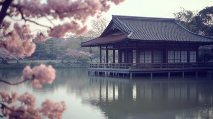 Tranquil Japanese tea house on a serene pond, surrounded by blossoming cherry trees.