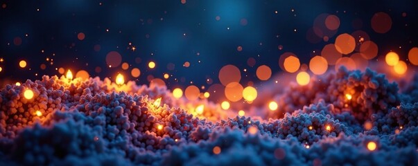 Fototapeta premium A cascade of colorful abstract golden Christmas lights against a dark blue night sky backdrop, shimmering, shining, colorful