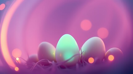 Fototapeta premium Pastel Easter Egg Glow: Five easter eggs glowing in soft pastel light, with a dreamy pink and purple background. The eggs are nestled in a bed of soft grass.