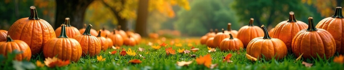 A collection of vibrant pumpkins in a lush green environment, autumn foliage, fall decorations, seasonal colors