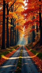 Fototapeta premium A country road lined with tall trees covered in vibrant autumn colors, forest, vibrant hues