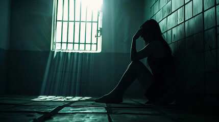 Woman in Prison Wearing Orange Jumpsuit, Portrait of women desperate to catch the iron prison, prisoner concept, Hope to be free, Woman Behind Bars In Jail, Generative Ai