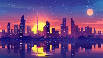 Obraz premium A city skyline reflecting in a body of water at sunset.