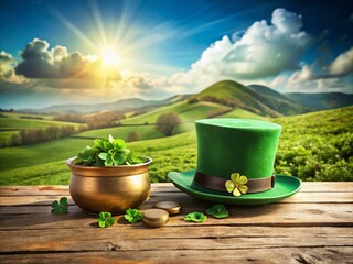 St. Patrick's Day Still Life: Shamrocks, Leprechaun Hat, and Pot of Gold Landscape