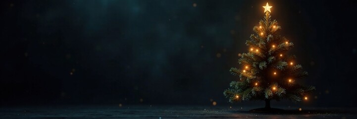 A dark Christmas tree with a single gold light in the background of a black room, holiday ambiance, winter wonderland, dark christmas tree