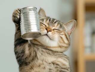 A playful cat joyfully holds up a can, showcasing its exuberant personality and love for fun.