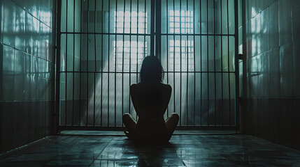 Woman in Prison Wearing Orange Jumpsuit, Portrait of women desperate to catch the iron prison, prisoner concept, Hope to be free, Woman Behind Bars In Jail, Generative Ai