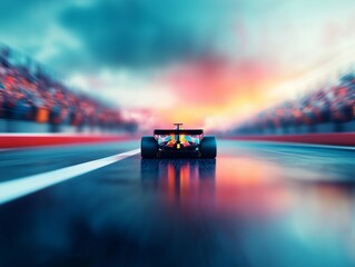 Formula 1 Car Speeds on Wet Track at Sunset With Blurred Crowd and Reflections, Capturing High Velocity and Intensity