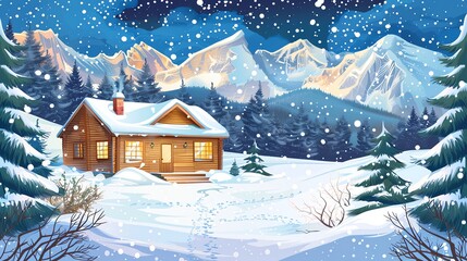 Fototapeta premium A cartoon illustration of a snowy cabin in the mountains, with a forest and falling snow.
