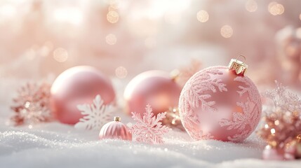 Pink bottom pedestals with a soft pink background featuring white snowflake designs, a pink and gold Christmas glass ball in the foreground, and snow decor, all in a light-beige monochromatic theme.